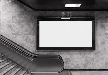 Panoramic 2:1 billboard on underground wall Mockup. Hoarding advertising on train station wall escalator 3D rendering © sdecoret