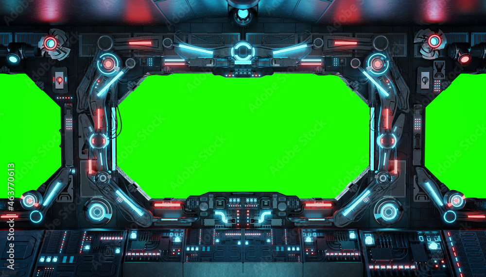 Aufkleber Dark spaceship interior with isolated window. Futuristic spacecraft with glowing blue and red control panels and empty view. 3D rendering