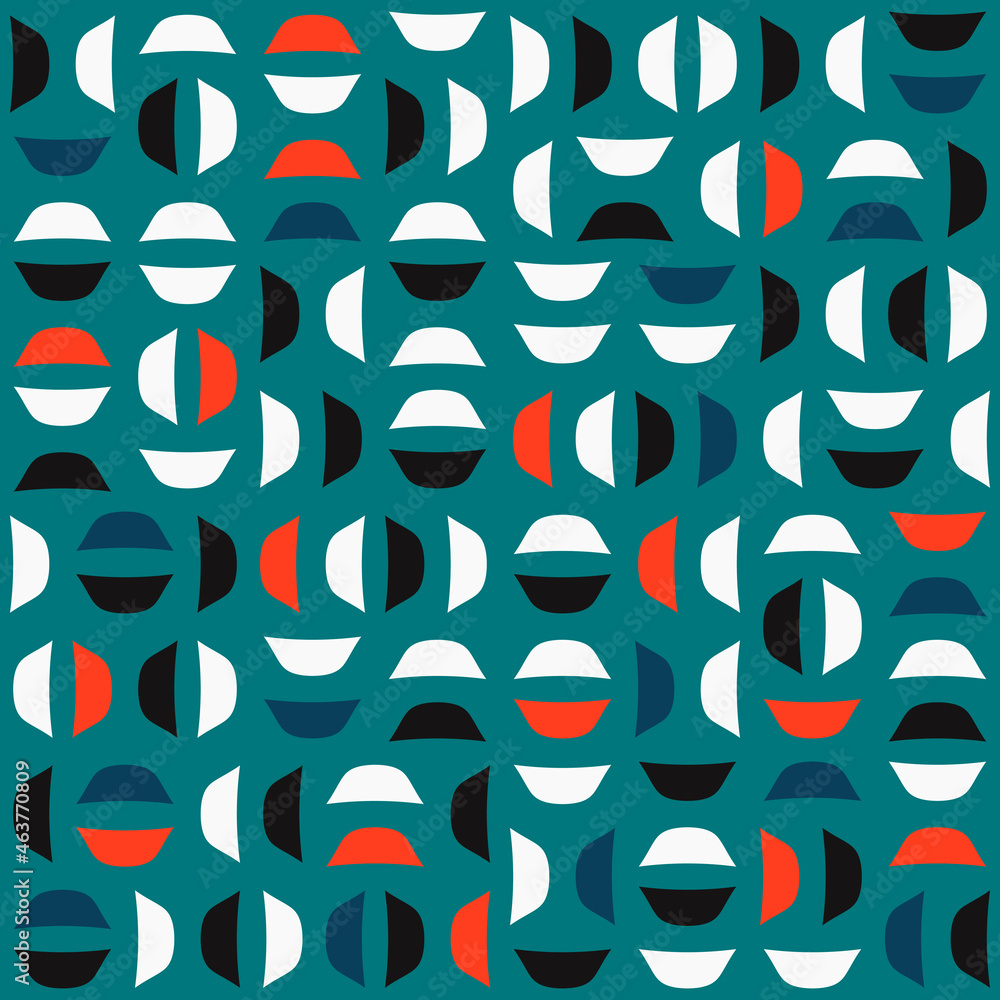 Fototapete Multicolored abstract pattern with incomprehensible shapes. Turquoise background and colored shapes standing either horizontally or vertically.