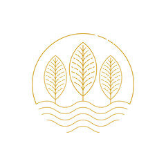 Nature logo of , trees, river. Linear icon of landscape on the background of the sun. Vector emblem, badge for a travel, alternative medicine and ecology concept, spa, health and yoga Center.
