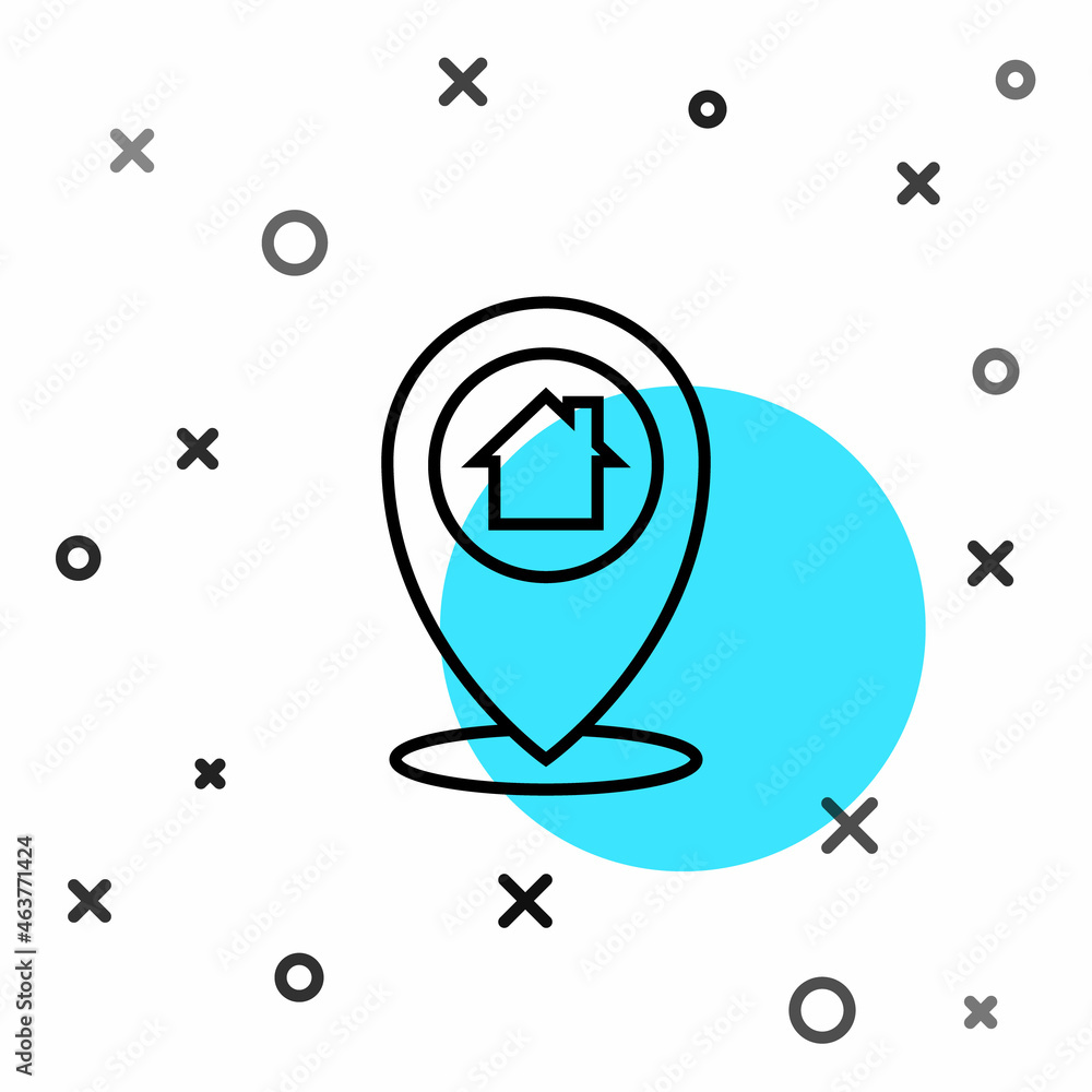 Poster black line map pointer with house icon isolated on white background. home location marker symbol. ra