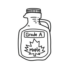 Grade A maple syrup bottle container, a doodle illustration of a grade A maple syrup with a maple leaf symbol, isolated on a white background.