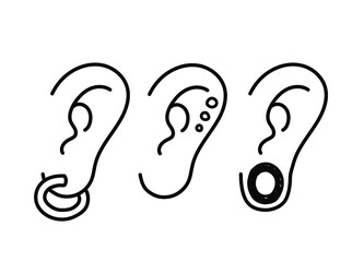 Pierced ears set, a set of doodle pierced and plugged ear with earrings, isolated on a white background.