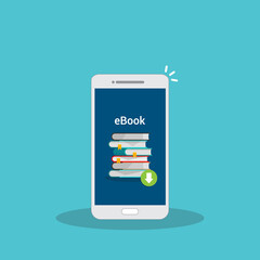 Download book. E-book marketing, content marketing, e-book download on smart phone . Vector illustration.