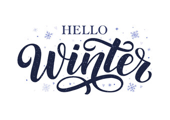 Hello winter hand sketched lettering quote decorated by snowflakes and hearts. Season greeting winter concept as template for card, postcard, poster, banner.