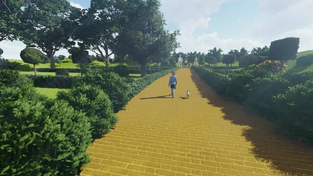 Dorothy and Toto on a yellow brick path to meet friends and continue the journey to Oz, 4K