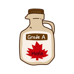 Grade A maple syrup bottle container, a doodle illustration of a grade A maple syrup with a maple leaf symbol, isolated on a white background.