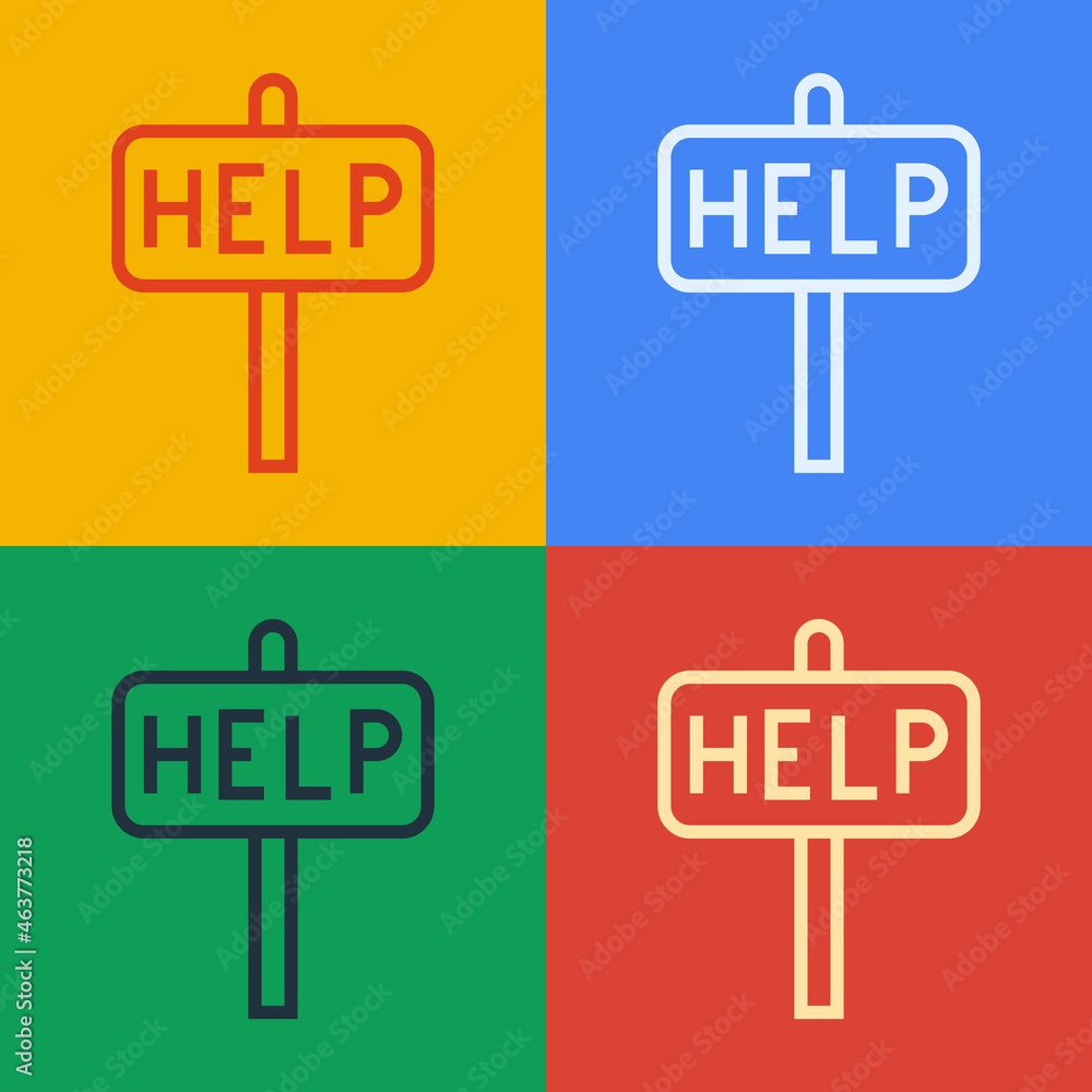 Poster pop art line ask for help text icon isolated on color background. vector