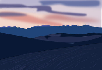 Vector illustration of sunrise in mountains.