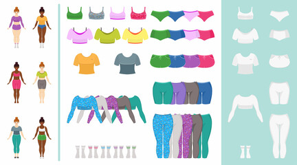 Sportswear templates for women. Set of sport clothes. Cartoon flat style. Vector illustration