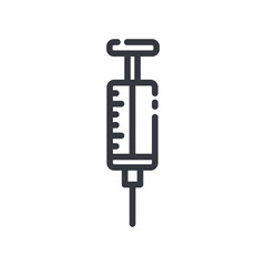 Black linear medical icon of syringe isolated on white background