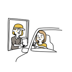 ドライブスルーでテイクアウトをする女性