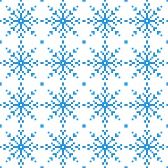 Christmas pixel ornament seamless pattern. Blue snowflakes and new year design in decorative scandinavian embroidery. Vintage holiday art with vector winter fashion.