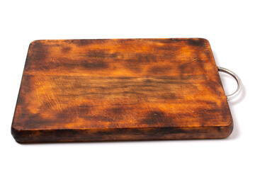 old wooden cutting board close up. copy space.