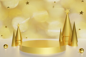 3d render of golden podium and gold cone Christmas trees with balls and stars with bokeh background