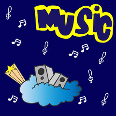 music-hand drawn lettering with cloud, notes and star illustration on dark blue background. hand drawn vector. doodle music art for wallpaper, poster, banner, advertising, label, cover, clipart. 
