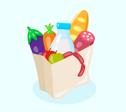 Products in a package, groceries in a package (sausages, milk, sausage, bread, carrots, eggplant, apple) on a blue background (grocery store)