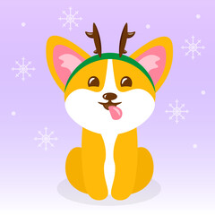 Corgi with deer horns sitting under the snowflakes in winter on a purple background (cute illustration for children's book, stickers)