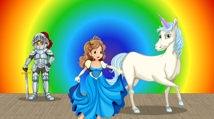 Princess and knight cartoon character on rainbow gradient background