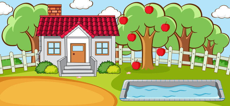 Horizontal scene with a mini house and swimming pool