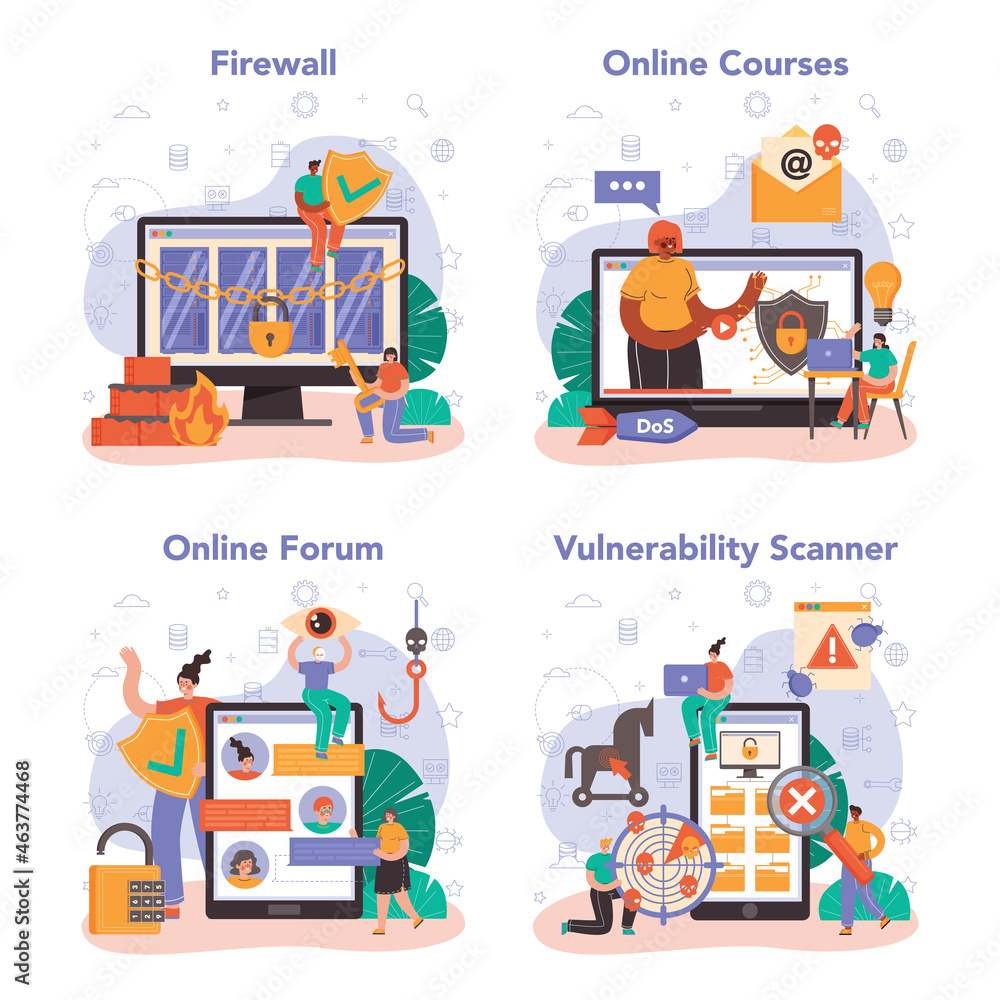Aufkleber cyber or web security online service or platform set. digital data