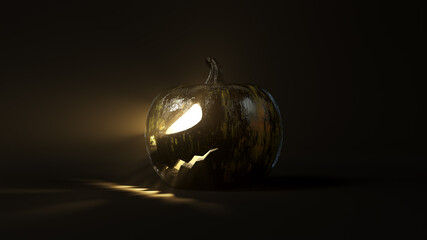 venomous black Halloween pumpkin in dark. 3d illustration, suitable for halloween themes.