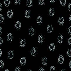oval shape gemstone illustration isolated on black background. white outline. monochrome, vintage style. seamless pattern, hand drawn vector. doodle art for wallpaper, wrapping paper and gift, banner