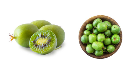 Green actinidia isolated on white background. Actinidia with copy space for text. Kiwi fruit actinidia. Baby kiwi fruits on white background in different angles.