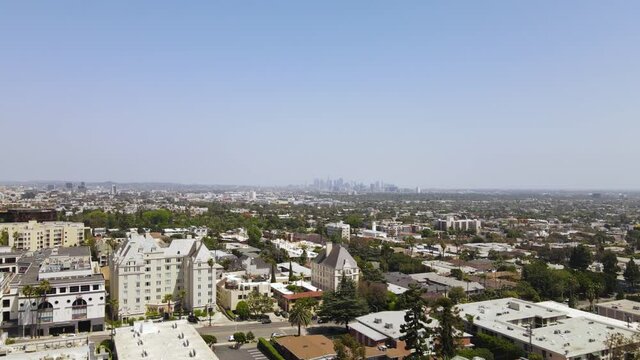 West Hollywood, Los Angeles, California USA. Aerial View of Cityscape, Downtown in Skyline, Establishing Drone Shot