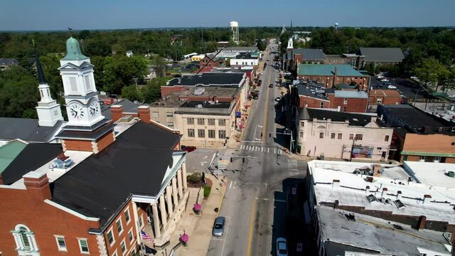 aerial over the woodford county courthouse in versailles kentucky, bluegrass, bourbon