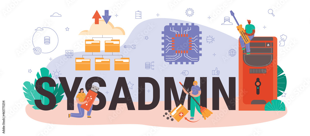 Poster sysadmin typographic header. technical work with server and its work