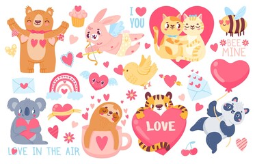 Valentijnsdag dieren. Cupido-konijntje, huiskatten houden van een paar knuffels, tijgers, koala& 39 s en panda& 39 s met harten. Happy valentines schattige sticker vector set