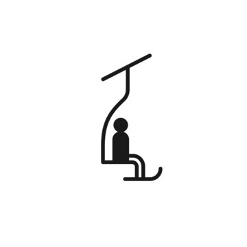 Isolated black icon of skier on chair lift on white background. Silhouette of chair lift. Logo flat design. Winter mountain sport.