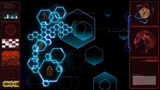 digital hexagon circuit wire and lock protection and polygon motion background on red monitor