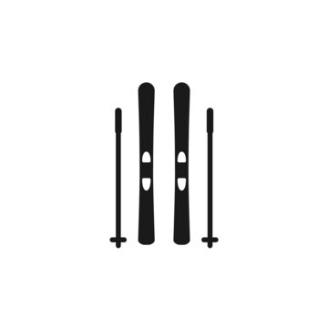 Isolated black icon of pair of alpine skiing on white background. Silhouette of pair ski with ski poles. Logo flat design. Winter mountain sport.