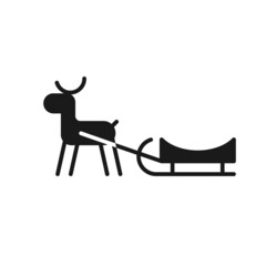 Obraz premium Isolated black icon of deer with sled on white background. Silhouette of reindeer sledding. Logo flat design. Winter entertainment. Side view.