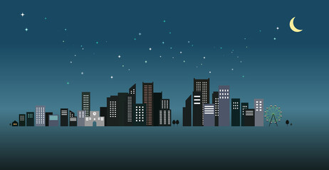 夜景と街並みの風景イラスト　背景素材