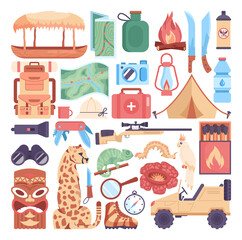 Jungle expedition set. Touristic and hiking items. Jungle animals