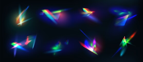 Realistic diamond reflection, rainbow light optical effect. Crystal, jewelry, prism or lens flare. Iridescent glowing sparkles vector set