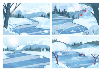 Naklejka na ściany i meble Winter landscape set. Frozen river, pound or lake. Ice skating background.