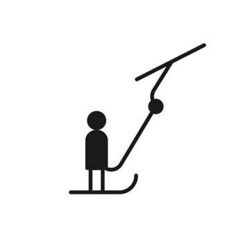 Isolated black icon of skier on ski lift on white background. Silhouette of t-bar lift. Logo flat design. Winter mountain sport.