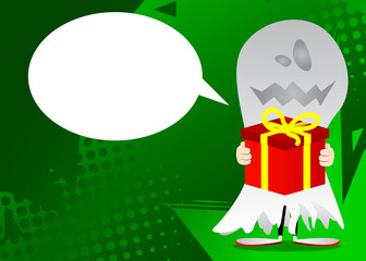 Kid dressed for Halloween holding big gift box. Vector cartoon character illustration of kids ready to Trick or Treat.