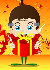 Kid dressed for Halloween holding big gift box. Vector cartoon character illustration of kids ready to Trick or Treat.