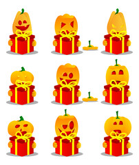 Decorative pumpkin for Halloween holding big gift box as a cartoon character with face. Vector Illustration.