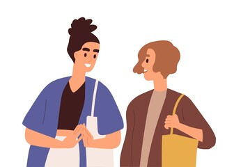 Obraz premium Women friends chatting. Couple of girlfriends talking. Two happy females standing and gossiping. Dialog and communication between people. Flat vector illustration isolated on white background
