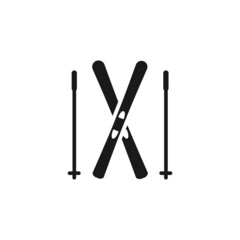 Isolated black icon of pair of alpine skiing on white background. Silhouette of pair ski with ski poles. Logo flat design. Winter mountain sport. - obrazy, fototapety, plakaty