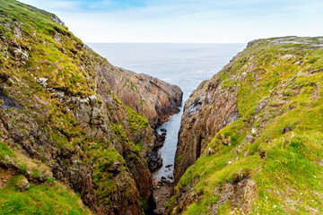 Rugged landscape at Malin Head, County Donegal, Ireland. Rough beach with cliffs, green rocky land with sheep on foggy cloudy day.