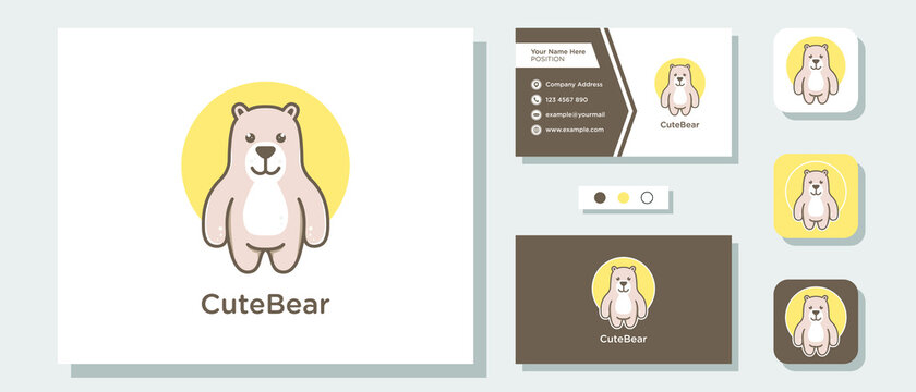 Cute Bear Teddy Pollar Grizzly Mascot Cartoon Logo Design with Layout Template Business Card