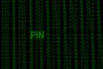Pin text writing on black with binary code background,hacking information technology concept,Hack pin and data,scam