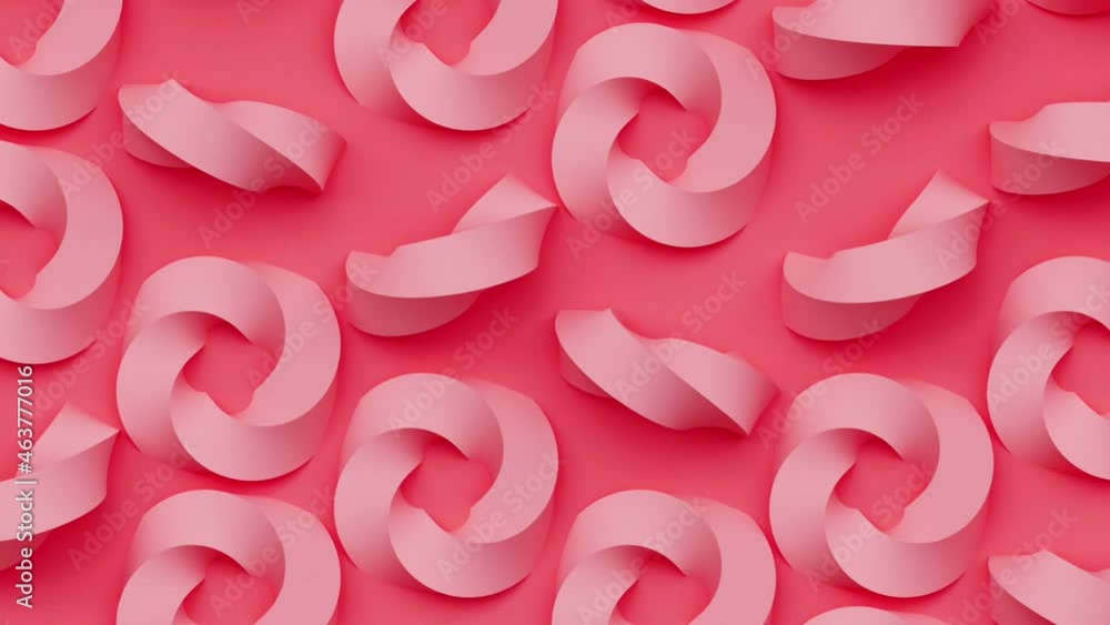 Poster geometric mosaic grid abstract seamless looping pink background with round twisted rotating shape, 3